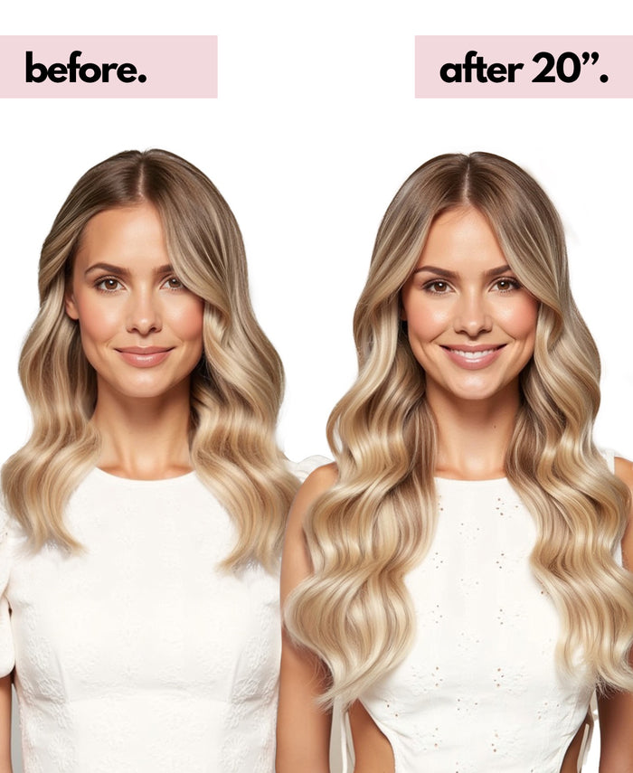 invisible clip-in hair extensions rooted blonde highlights.