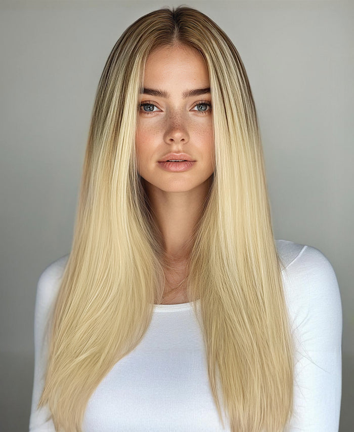 invisible clip-in hair extensions rooted blonde.