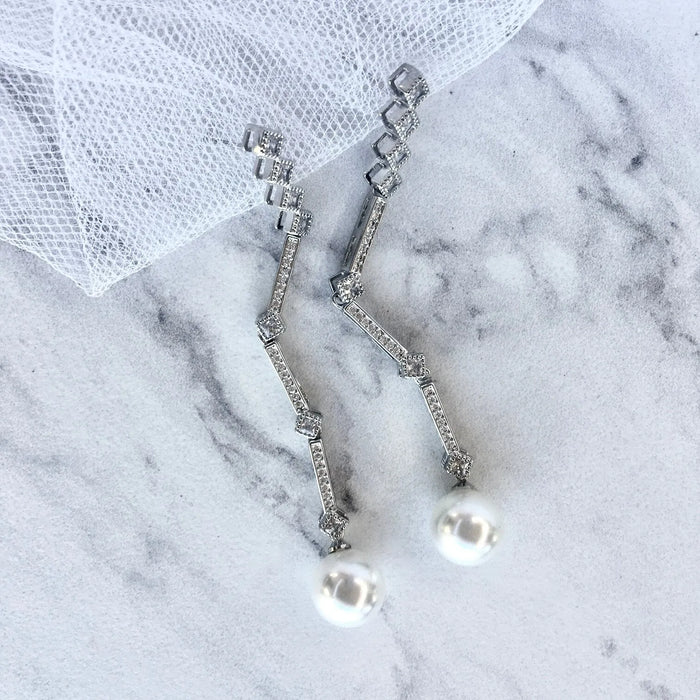 Wedding Jewelry - Art Deco Pearl and CZ Bridal Earrings