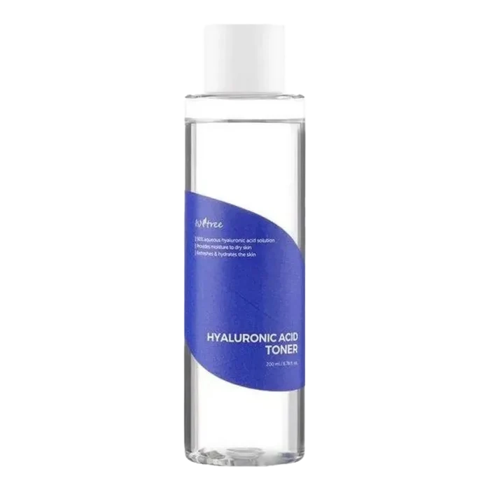 Isntree Hyaluronsyre Toner 200 ml i klar flaske med blå etikett for fuktighetsgivende hudpleie