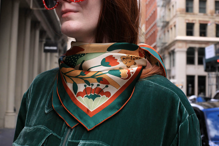 Jessie Zhao New York 25" Double Sided Silk Scarf of Green Wonderland
