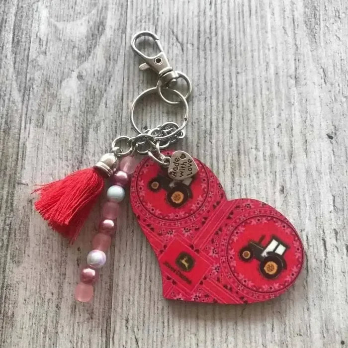 Pink John Deere Heart keyring 60mm size