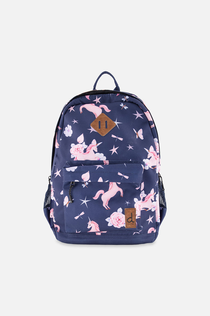 Deux par Deux kids backpack in Navy with pink unicorn print, front zip pocket, and top carrying handle.