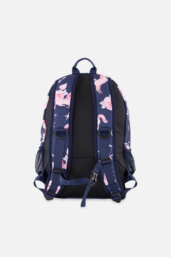 Back view of Navy unicorn school backpack showing padded adjustable shoulder straps and back panel.