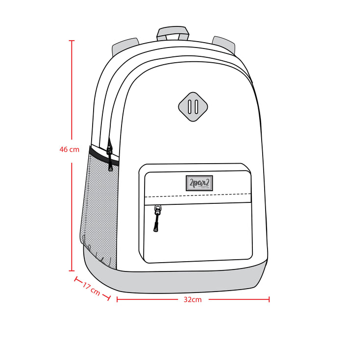 Product diagram of 21L kids backpack showing dimensions, compartments, and front storage layout.