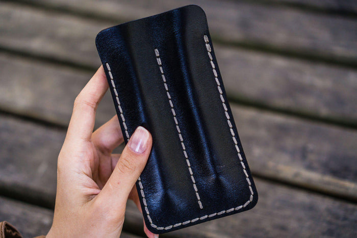 Leather Double Fountain Pen Case / Pen Sleeve - Black