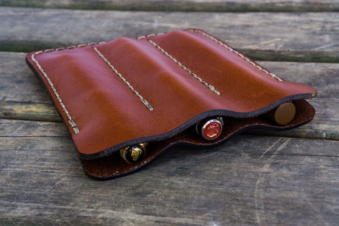 Leather Triple Fountain Pen Case / Pen Pouch - Brown