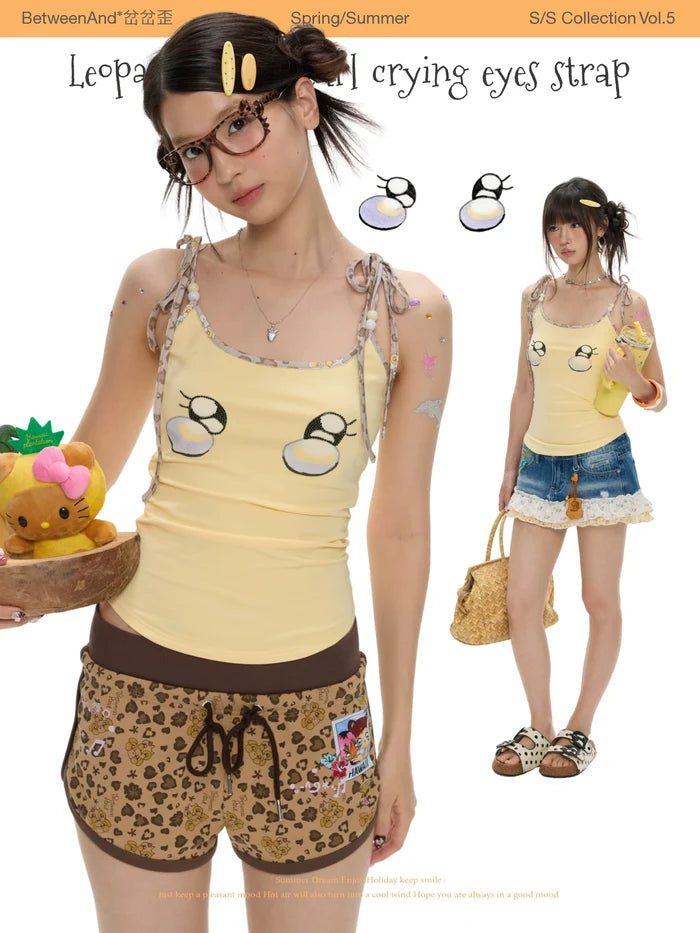 Leopard print pearl crying eyes strap top