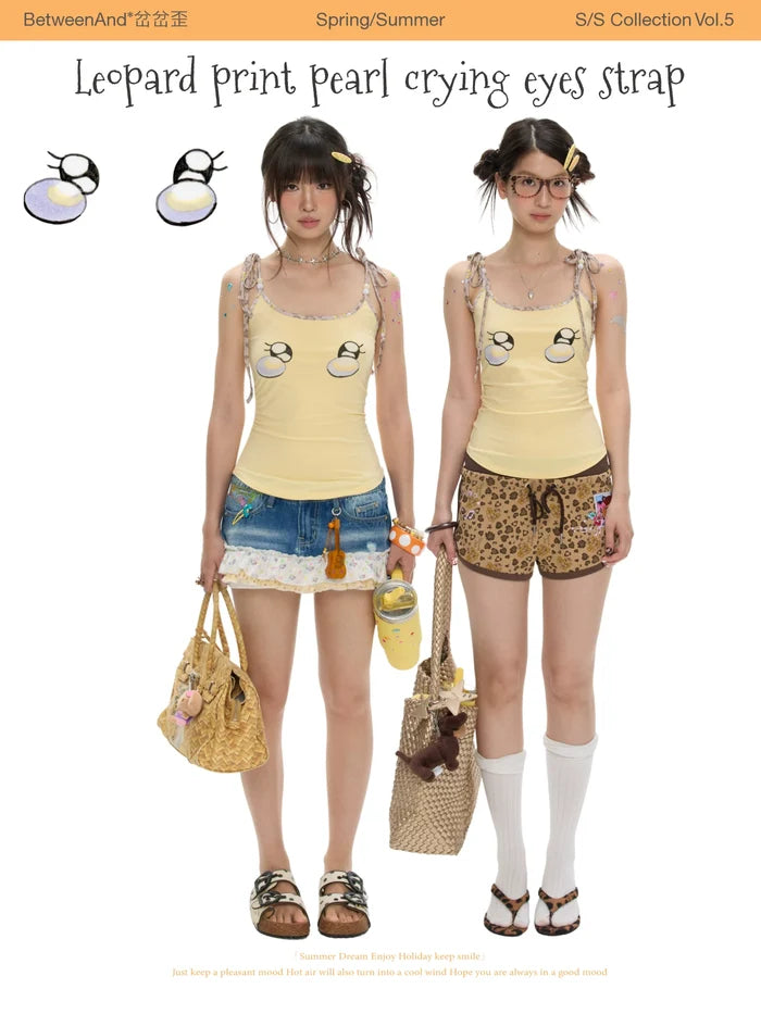 Leopard print pearl crying eyes strap top