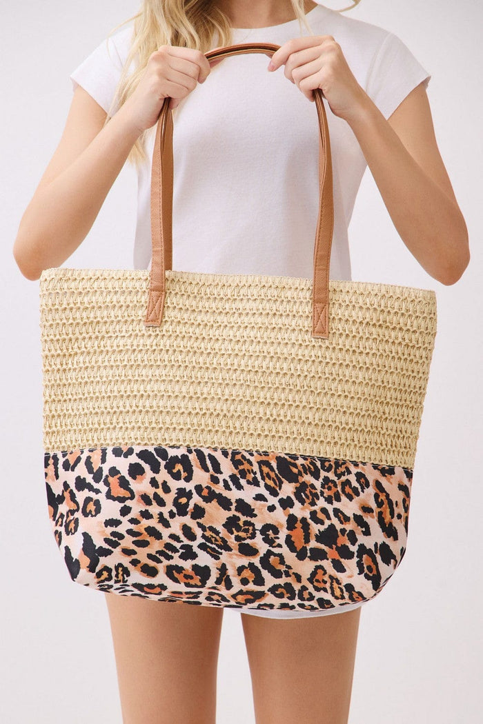 Leopard Print Straw Tote Bag