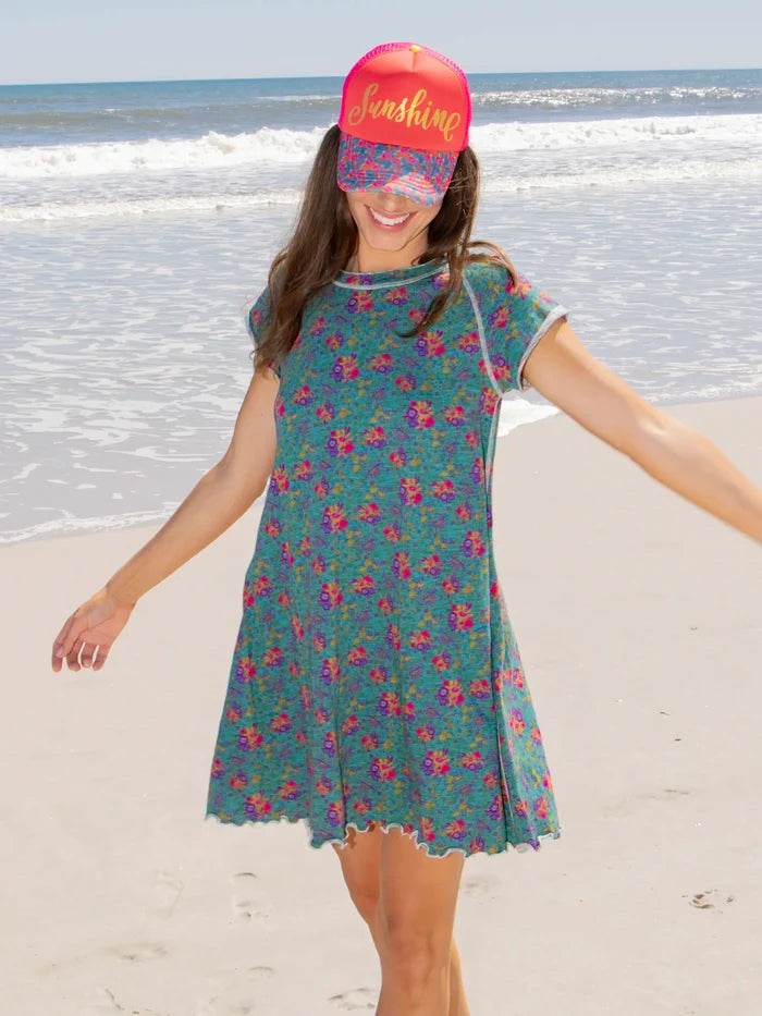 Lily Knit Cotton Tee Dress - Turquoise Floral Medallions-view 1