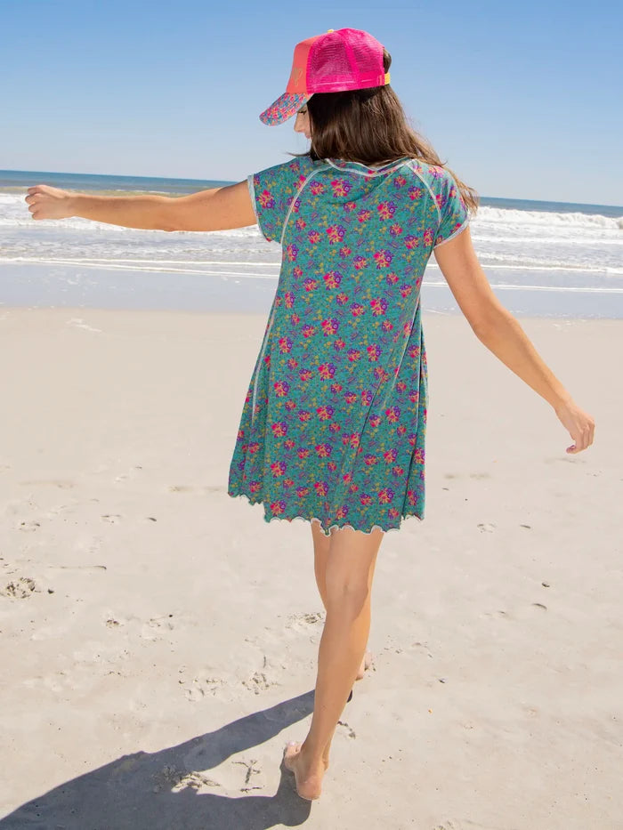 Lily Knit Cotton Tee Dress - Turquoise Floral Medallions-view 3
