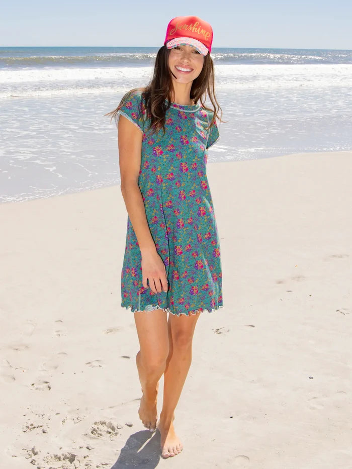 Lily Knit Cotton Tee Dress - Turquoise Floral Medallions-view 4
