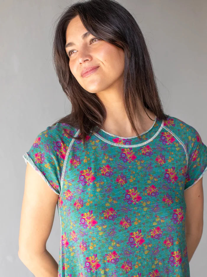 Lily Knit Cotton Tee Dress - Turquoise Floral Medallions-view 5