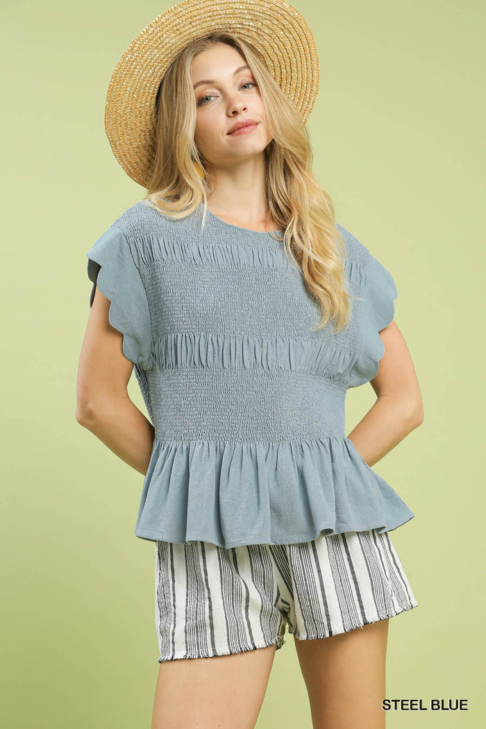LINEN  blend smocked peplum top