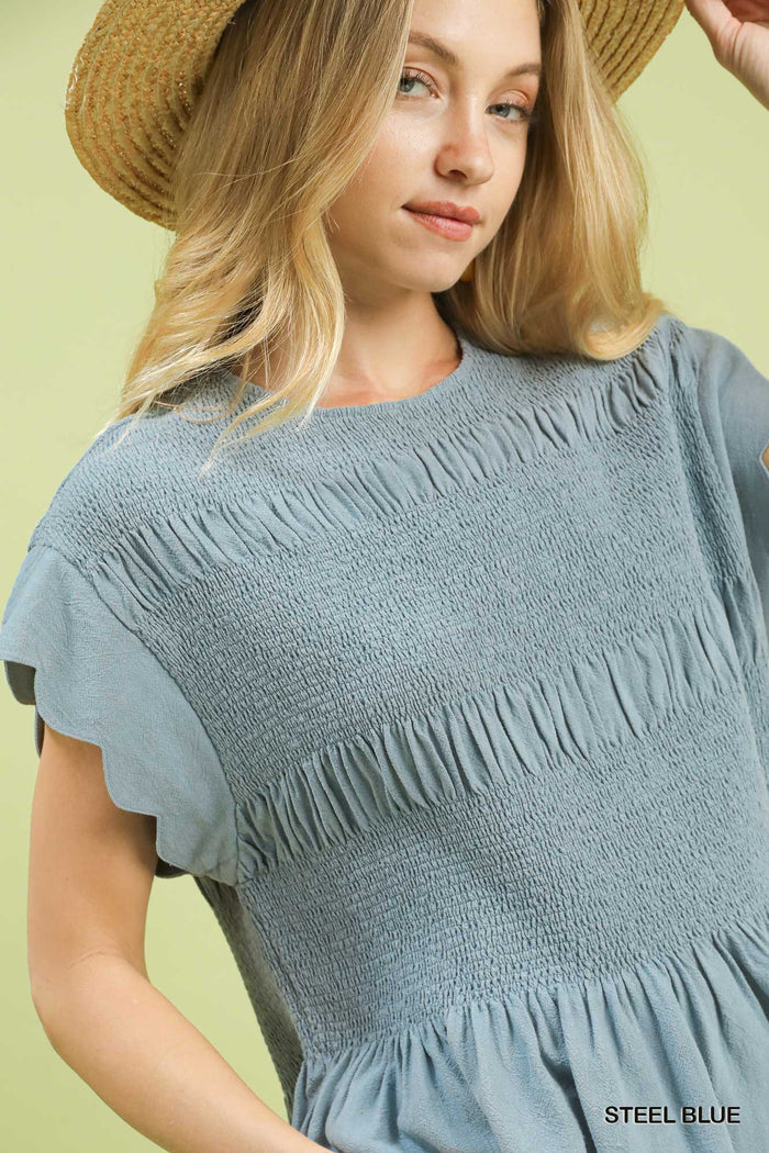 LINEN  blend smocked peplum top