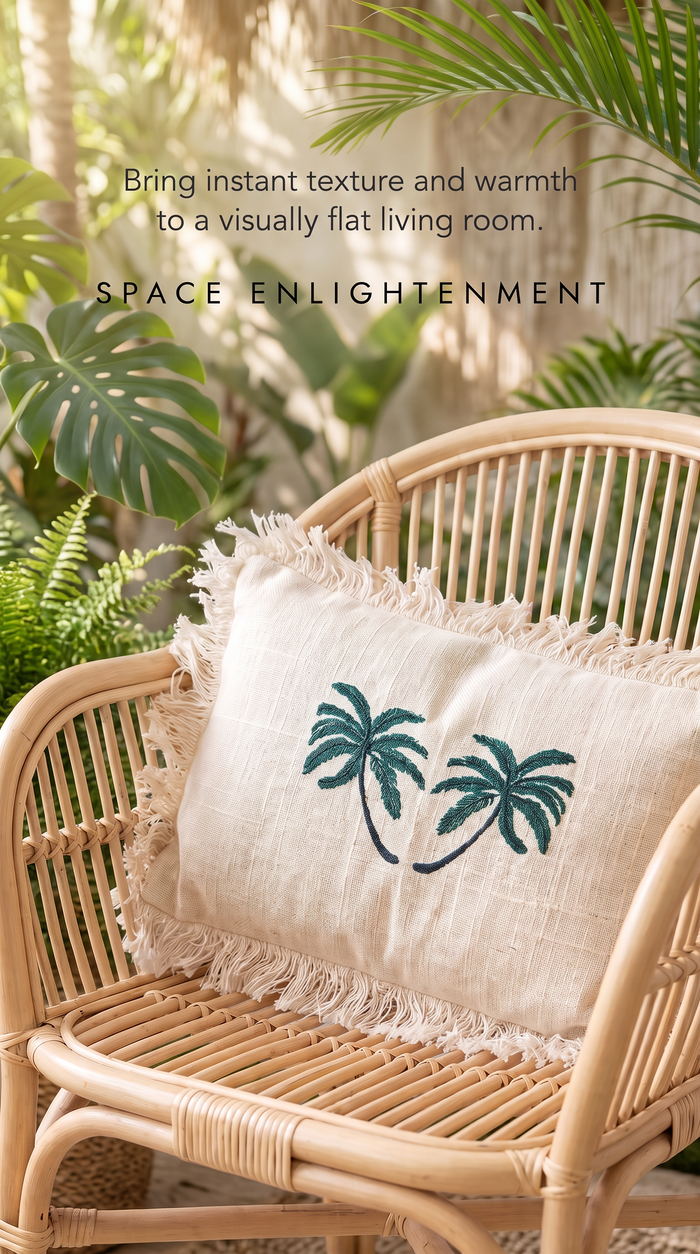 Linen Cushion Cover Palm Tree with Fringe