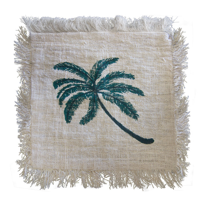 Linen Cushion Cover Palm Tree with Fringe