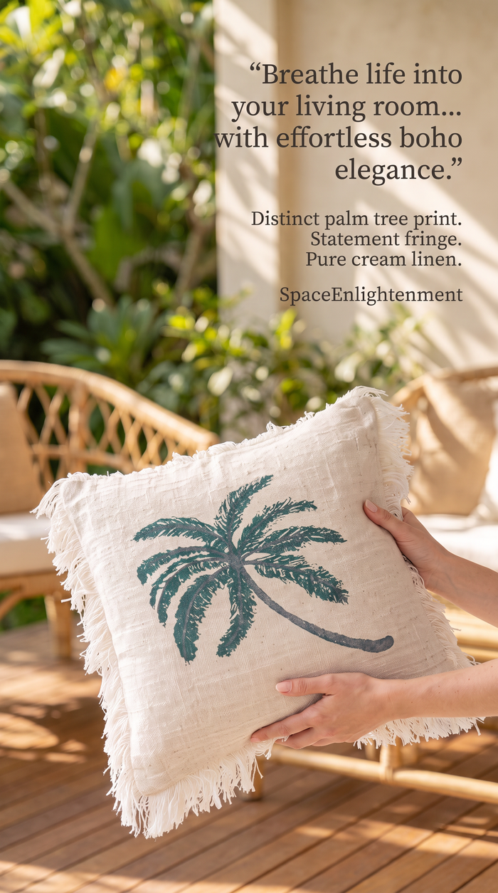 Linen Cushion Cover Palm Tree with Fringe