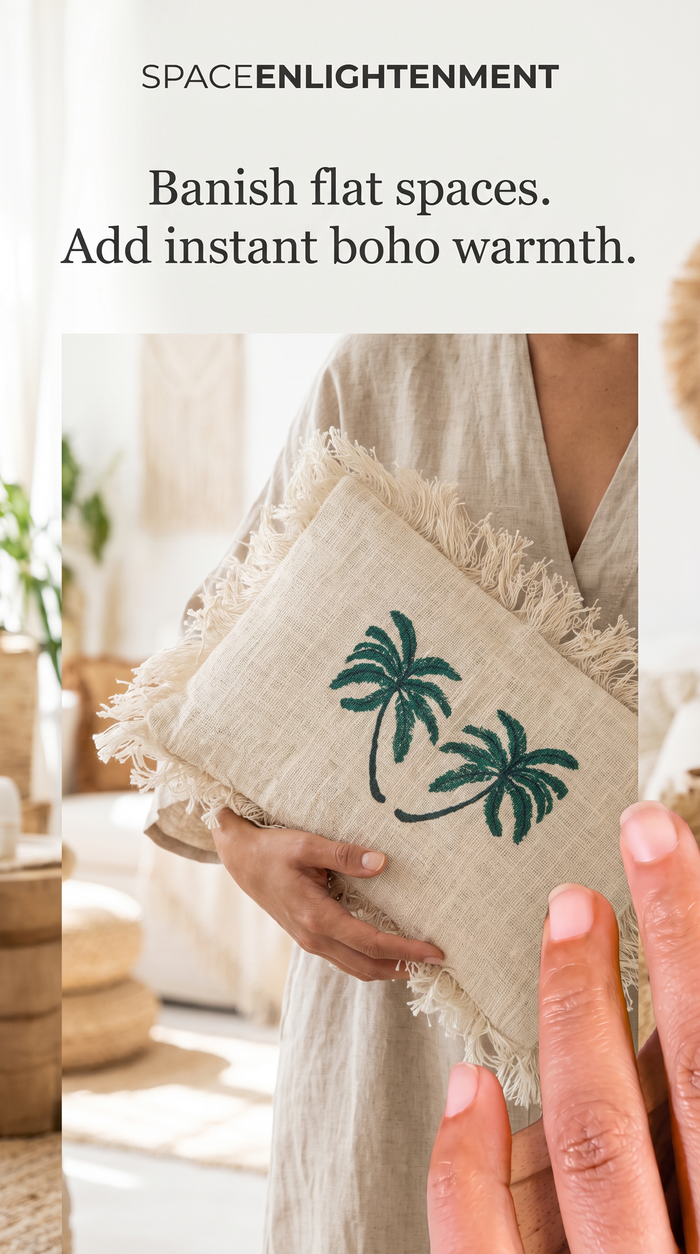 Linen Cushion Cover Palm Tree with Fringe