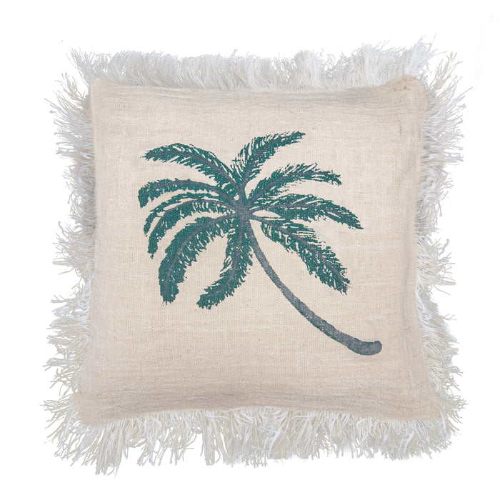 Linen Cushion Cover Palm Tree with Fringe