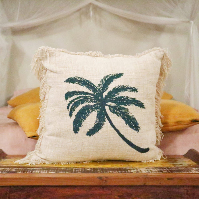 Linen Cushion Cover Palm Tree with Fringe