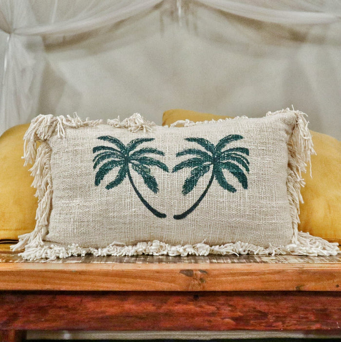 Linen Cushion Cover Palm Tree with Fringe