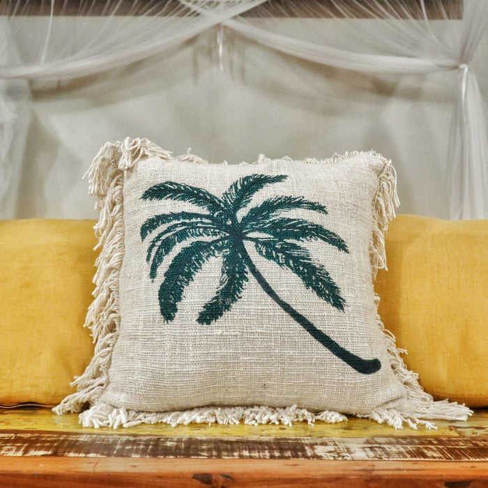 Linen Cushion Cover Palm Tree with Fringe