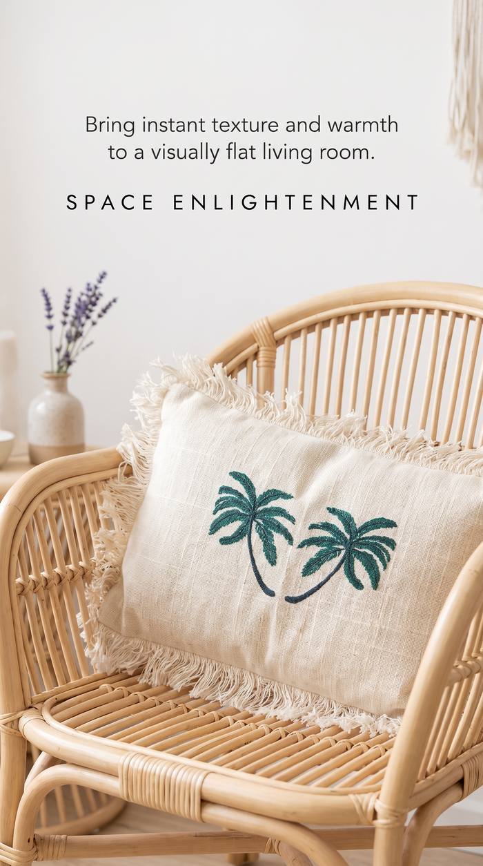 Linen Cushion Cover Palm Tree with Fringe