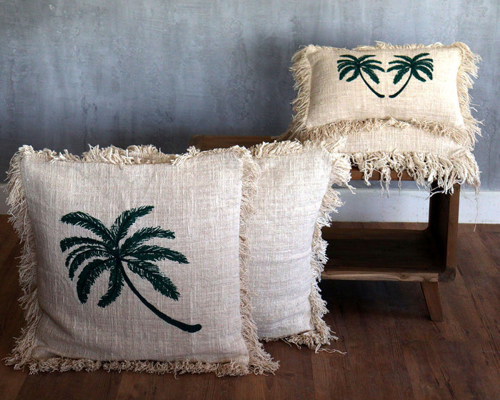 Linen Cushion Cover Palm Tree with Fringe