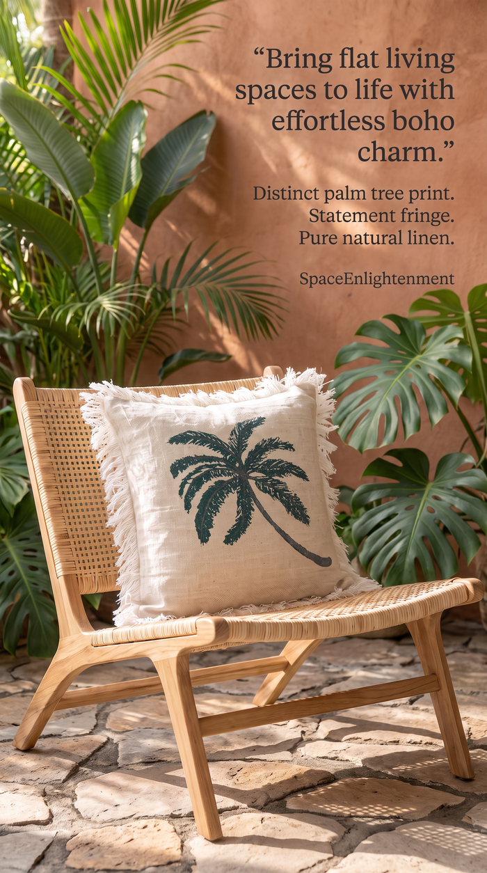 Linen Cushion Cover Palm Tree with Fringe