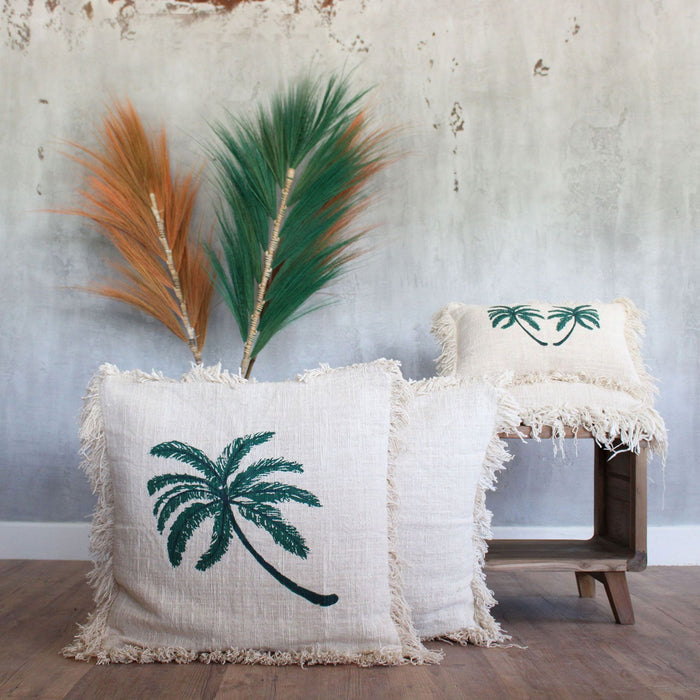 Linen Cushion Cover Palm Tree with Fringe