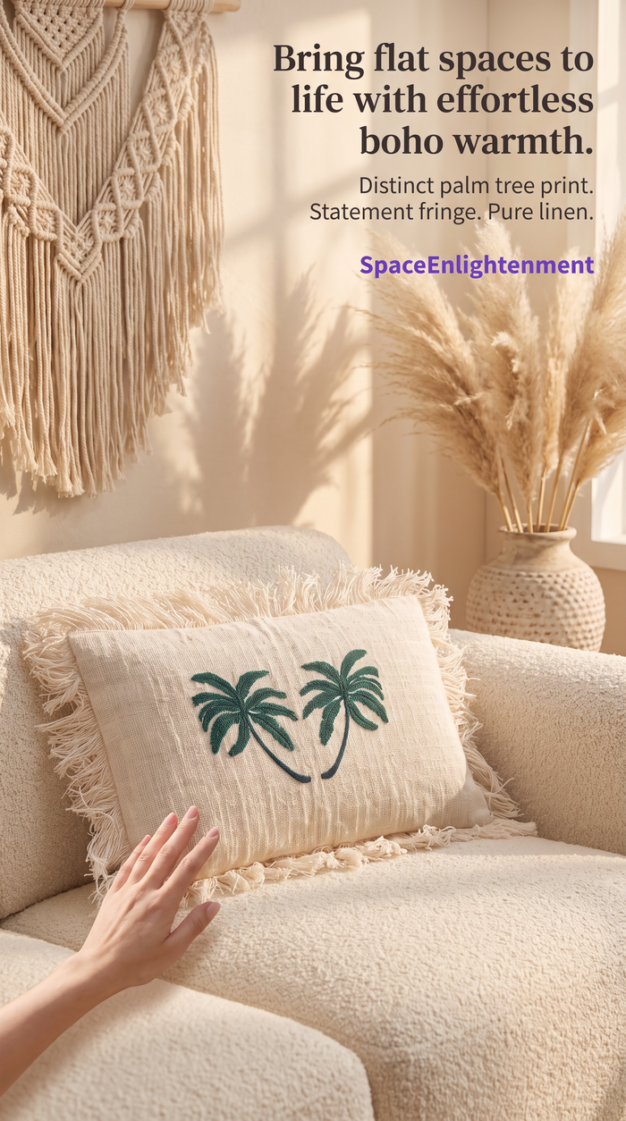 Linen Cushion Cover Palm Tree with Fringe