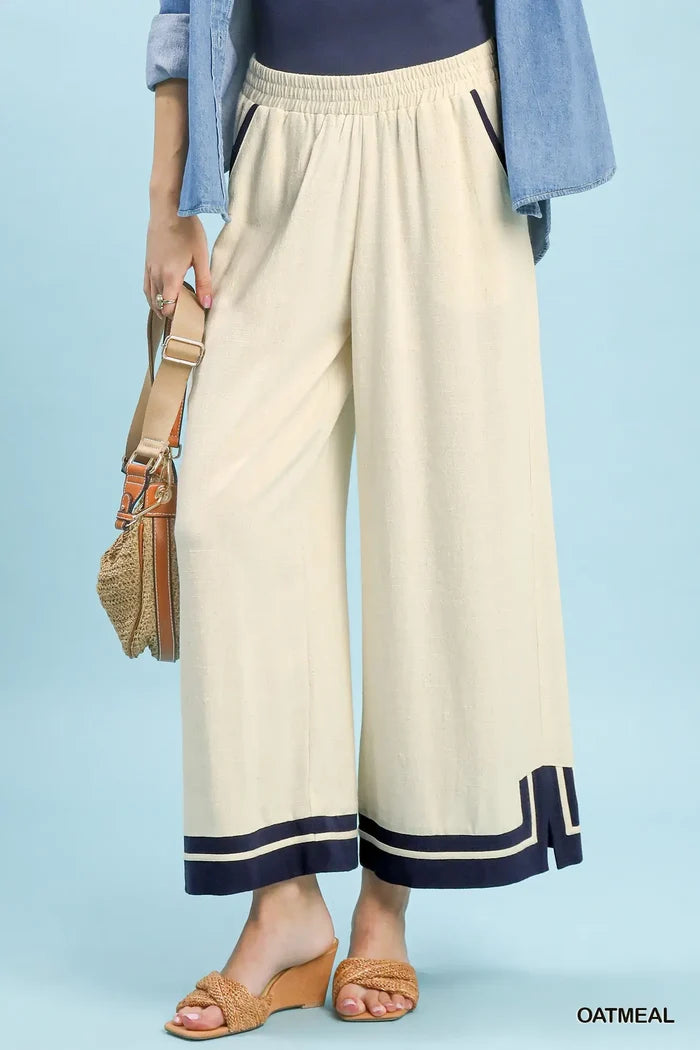Linen Wide Leg Contrast Trim Gauze Pants