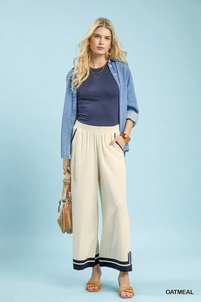 Linen Wide Leg Contrast Trim Gauze Pants
