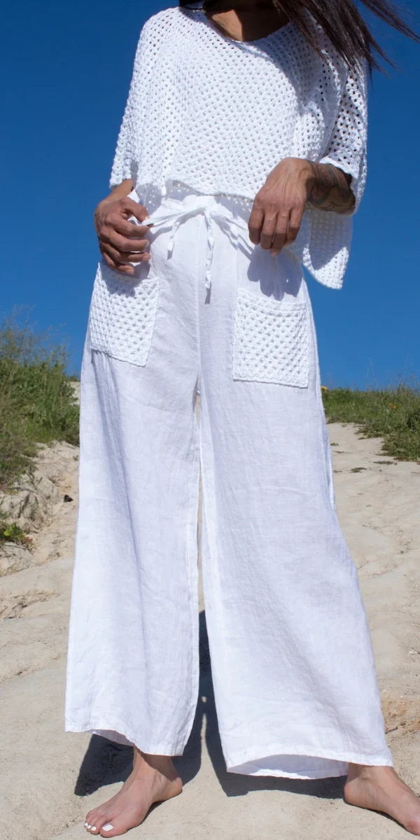 Linen Wide Leg Pant w/Open Knit Front
