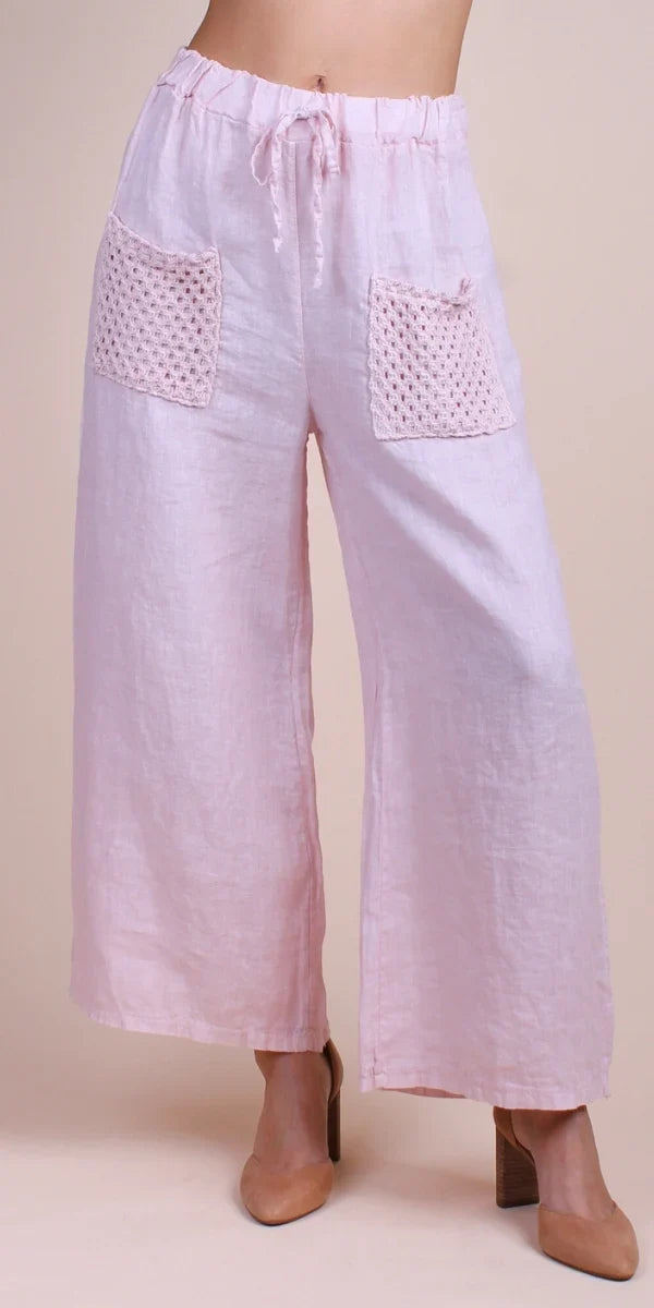 Linen Wide Leg Pant w/Open Knit Front