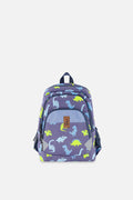Deux par Deux little kids backpack in Blue with colorful dinosaur print, front compartments, and top carry handle.