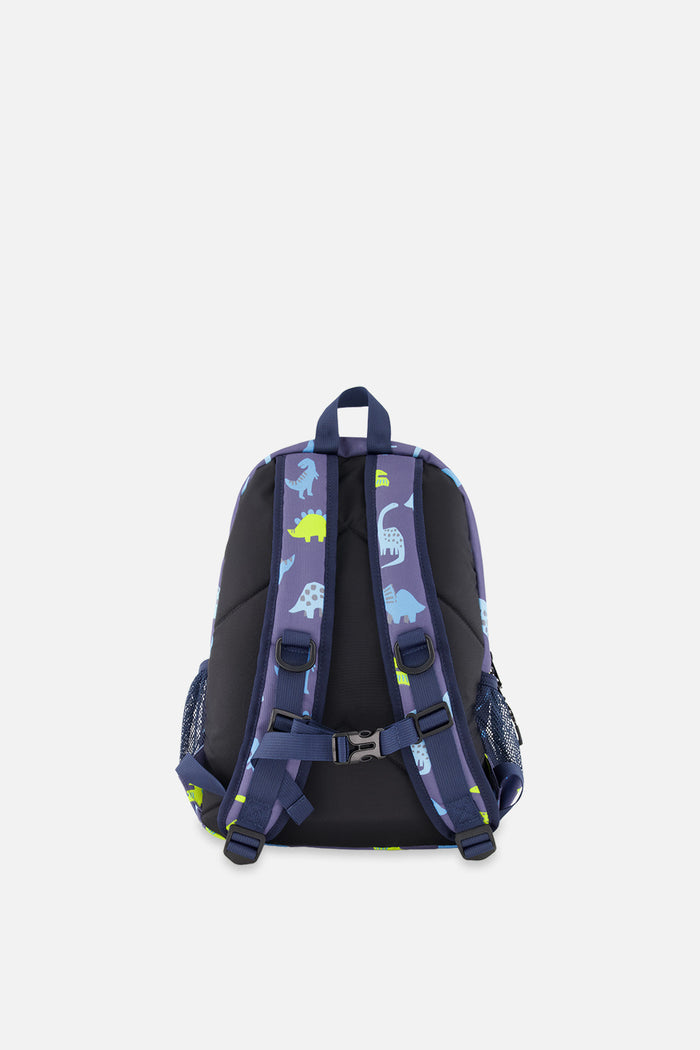 Back view of Blue dinosaur preschool backpack showing padded adjustable shoulder straps.