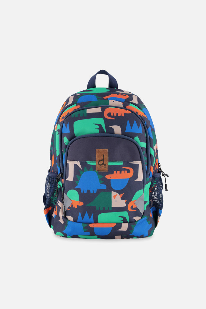 Deux par Deux little kids backpack in Navy with colorful dinosaur print, front compartments, and top carrying handle.
