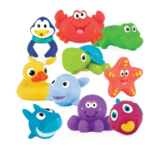 The Little Squirts Bath Squirters - 10 pack features colorful, smiling sea animal toys—crab, penguin, crocodile, duck, turtle, dolphin, starfish, shark, octopus, and fish. Some double as fun squirting bath toys for extra playtime enjoyment.