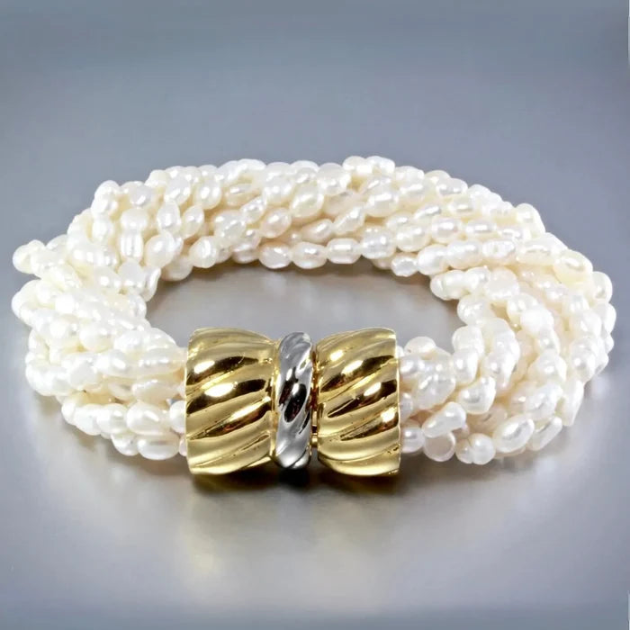 Wedding Jewelry - Multi-Strand Freshwater Pearl Bridal Bracelet in Gold