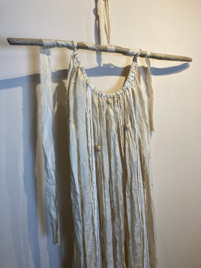 Macramé Wall Hanging - Upcyled Sari Silk Cream