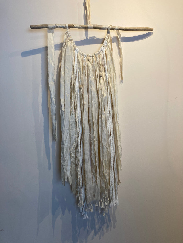 Macramé Wall Hanging - Upcyled Sari Silk Cream