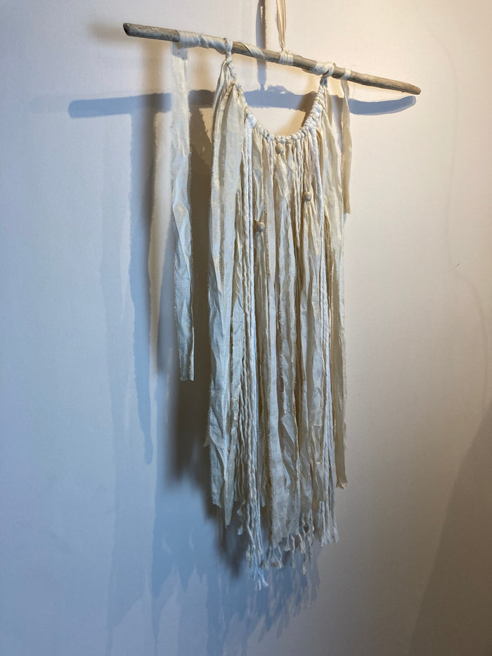 Macramé Wall Hanging - Upcyled Sari Silk Cream