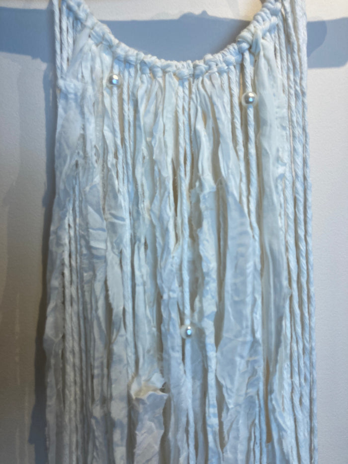 Macramé Wall Hanging - Upcyled Sari Silk White