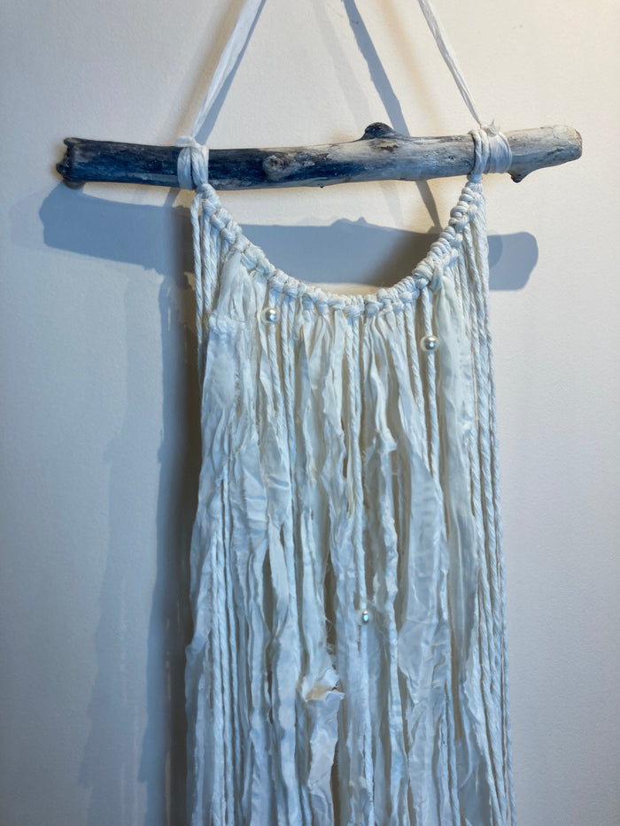 Macramé Wall Hanging - Upcyled Sari Silk White