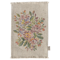 A small rectangular rug with a floral pattern in the center, predominantly featuring pink, yellow, and green colors.