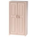 A small toy closet in a light rose color with two doors and golden hangers inside.