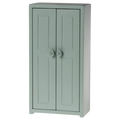 A small toy closet for mice with a soft blue color, featuring two doors and three golden hangers.